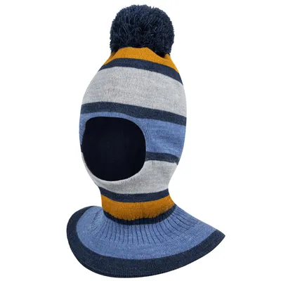 Produktbild von Wintermütze Schalmütze Strickmütze Schlupfmütze warme Jungenmütze Bommelmütze, Grau-Blau