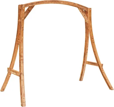 A wooden swing frame against a white background.