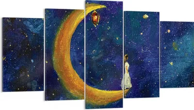 Produktbild von Bild auf Leinwand - Leinwandbild - 5 Teile - Mädchen auf der Mond - 160x85cm - Wand Bild - Wanddeko - Wandbilder - Leinwanddruck - Bilder - Wanddekoration - Leinwand bilder - Wandbild - EA160x85-4575