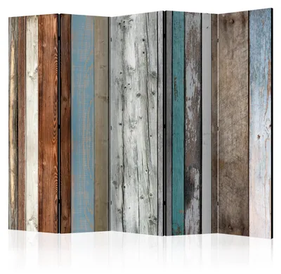 Immagine prodotto di Pannello divisorio pieghevole a 5 ante, decorato su un lato, ideale per separare gli ambienti. Realizzato in legno colorato, dimensioni 225 cm x 172 cm