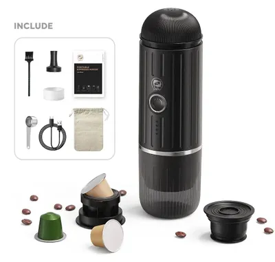 Produktbild von Tragbare Elektrische Espressomaschine - 2-in-1 - Kabellos - Für Kapseln und Gemahlenen Kaffee - 1 Tasse - Auto, Zuhause und Camping - Schwarz