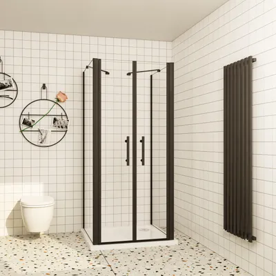 Produktbild von Duschparadies U-Duschkabine 90x195cm Schwarz Pendeltür Duschtür 6mm Nano Glas Dusche mit 90x90x195cm Seitenwand mit 2xStabilisator