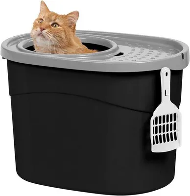 Produktbild von Kunststoff Katzenbox mit Obereingang und Schaufel Schwarz/Grau 52x37x36cm