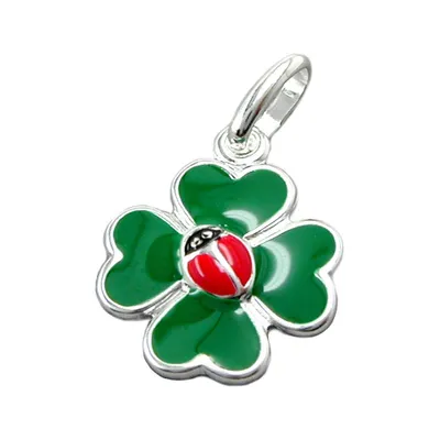 Produktbild von Anhänger 12mm Kleeblatt mit Marienkäfer farbig lackiert Silber 925 silber 12mm