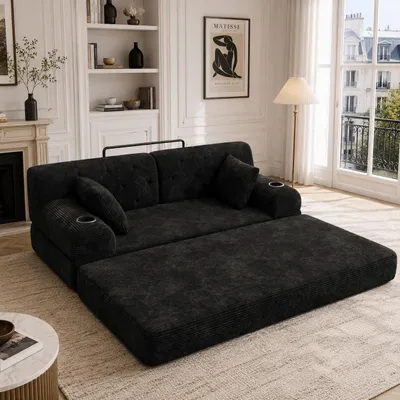 Produktbild von okwish 2-Sitzer Modulares Sofa mit zwei Getränkehaltern, Loungesofa mit Armlehnen und Seitentaschen, Schlafsofa für kleine Wohnungen,Schwarz