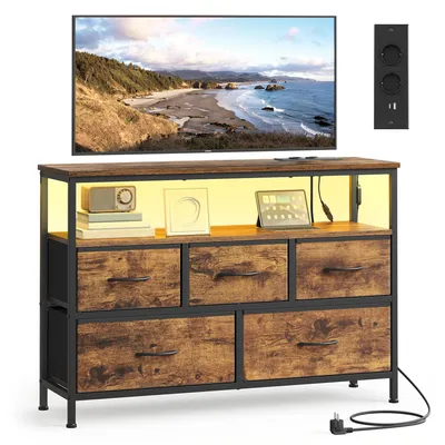 Produktbild von SONGMICS Kommode mit LED-Beleuchtung, Sideboard, Schubladenschrank für Wohnzimmer, mit Ladestation, 5 Schubladen, braun-schwarz
