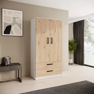 Produktbild von BEAUTYSOFA | Drehtürenschrank TREND 90 cm Weiß + Artisan, Moderner Kleiderschrank mit Schubladen, Kleiderstange & Regalen - Soft-Close-System