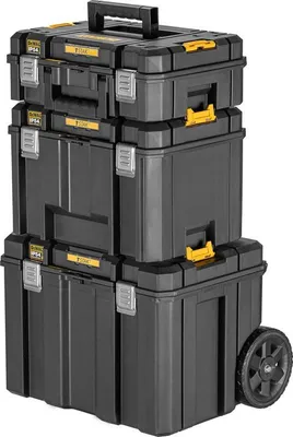 A stack of three DeWalt toolboxes on a white background.