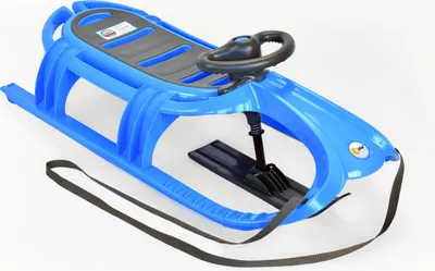 A blue plastic sled with a black steering wheel and black pull strap, shown on a white background.