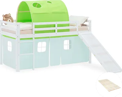 Image de Lit superposé 90x200 cm avec Toboggan Sommier Lit mezzanine en Bois Pin Massif Lit d'enfant Rideau Tunnel Vert