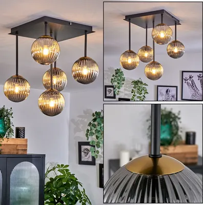 Produktbild von Isorella Deckenlampe aus Metall/Riffelglas in Schwarz/Goldfarben/Rauchfarben