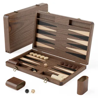 Immagine prodotto di Set di backgammon in legno di noce nero, gioco da viaggio completo di dadi, ideale per i viaggi
