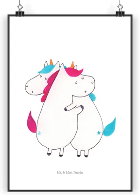Produktbild von Mr. & Mrs. Panda Bild Einhörner Umarmen DIN A5 - Weiß - Geschenk, kunstdruck poster, wanddeko, Schwestern, Wandbild, Einhorn, wandkunst, Freundin, Familie, Unicorn, Liebe