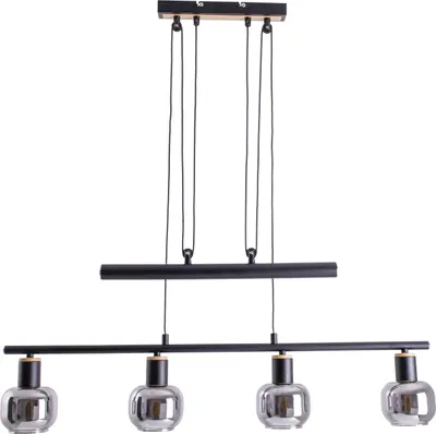 Produktbild von Näve Leuchten 4er Pendelbalkenleuchte "FUMOSO" L: 78cm 4er Pendelbalkenleuchte "FUMOSO" L: 78cm Pendelleuchte - 4er Pendelbalkenleuchte "FUMOSO", Hängelampe im Retro Style, ausMetall und Glas in schwarz, 160 cm hoch, Maße 78 x 10 cm, E14-Fassung
