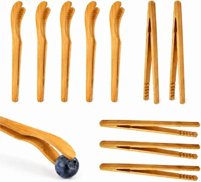 Image de Pince de cuisine, lot de 10, en bambou, réutilisable, pour barbecue