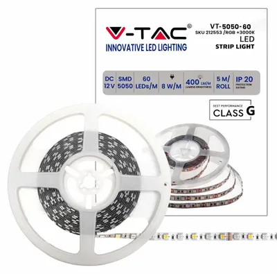 Immagine prodotto di V-TAC VT-5050 Striscia 300LED 12V 8W/m SMD5050 strip led 5M IP20 Multicolore RGB+W 3000K - SKU 212553