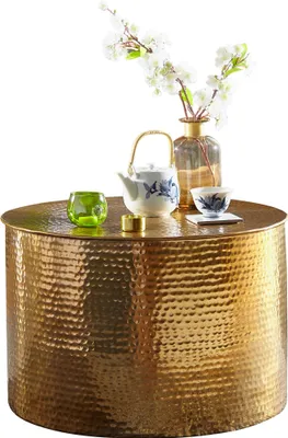 Produktbild von Couchtisch 61 x 40,5 x 61 cm Aluminium Gold Beistelltisch Orientalisch Rund | Flacher Hammerschlag Sofatisch Metall | Design Wohnzimmertisch Modern | Loungetisch Indisch Stubentisch