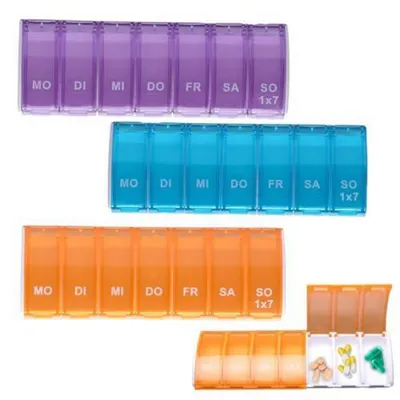 Immagine prodotto di Contenitore per pillole da 7 giorni, con 3 scomparti. Scatola per medicinali, piccola, ideale per il viaggio. Disponibile nei colori blu, viola e arancione