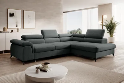 Produktbild von Ecksofa PLAZA L mit einstellbare Kopfstützen, Eckcouch in L-Form mit Schlaffunktion und Bettkasten. Soffa, Bettsofa, Couchgarnitur - Whisper 11 Graphite