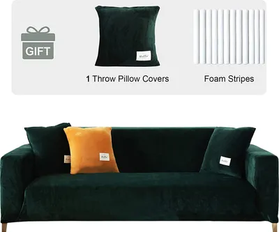 Produktbild von Samt Sofabezug 4 Sitzer- Weich Stretch Couchbezug rutschfester Sofaschutz Sofahusse Plüsch Sofa Schonbezüge mit 1 Kissenbezug für Wohnzimmer,Grün,4-Sitzer