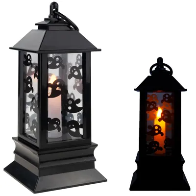 Productafbeelding van LED-kaarslantaarn, zwart, met spookmotief, Halloween-decoratie, imiteert een vlam, 20 cm hoog
