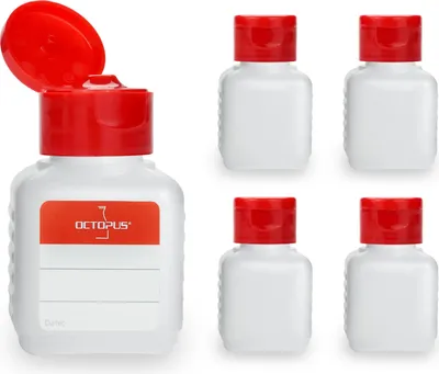 Immagine prodotto di 5 bottiglie di plastica da 50 ml angolari in HDPE, naturali, G25, chiusura a cerniera in PP rosso