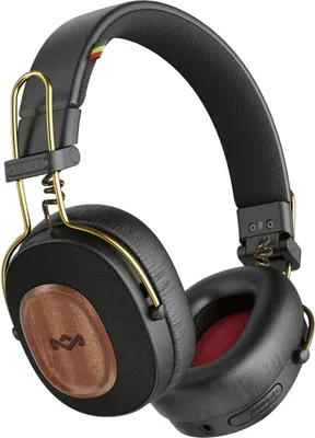 A pair of black House of Marley Positive Vibration Riddim Rasta wireless on-ear headphones with gold accents and a wood-grain detail on the earcups.