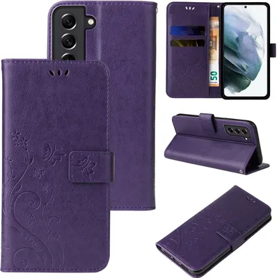 A collage of images showing a purple floral flip phone case for a Samsung Galaxy S21.
