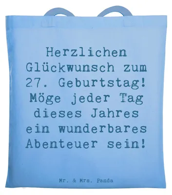 Produktbild von Mr. & Mrs. Panda Jutebeutel Spruch 27. Geburtstag Abenteuer - Sky Blue - Geschenk, Schultasche, Tragetasche, 27 Jahre, Geburtstagskarte, Laptoptasche, Tote Bag, Tasche