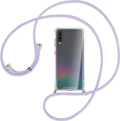 Produktbild von Handykette Backcover-Schutzhülle mit Band (Metall silberfarben) für Samsung Galaxy A70 - violett