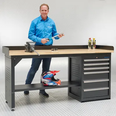 Produktbild von Werkbank PRO - Arbeitsplatte Eiche - 6 Schubladen - 200 cm - Schwarz