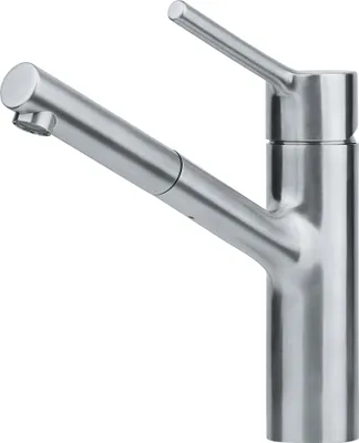 A stainless steel kitchen faucet with a pull-out spout is shown against a white background.
