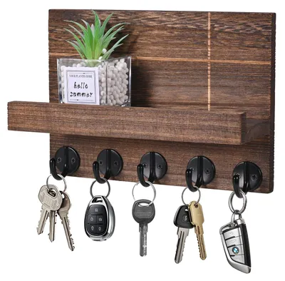 Produktbild von Schlüsselbrett mit kleinem Ablagefach, dekoratives Wandregal aus Holz, Schlüsselbrett aus Holz mit 5 Schlüsselhaken, Schlüsselhalter für Eingang, Flur, Schlafzimmer, Wohnzimmer (braun)