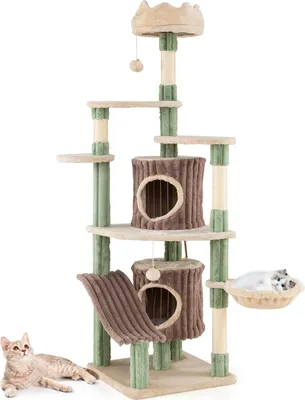 Image de Grand arbre à chat avec 2 grottes, poteaux en sisal, perchoirs moelleux