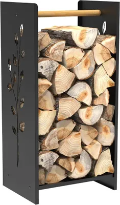 Productafbeelding van Houtrek voor open haard, houtopslagrek, standaard voor hout voor open haard, geschikt voor binnen en buiten, gepoedercoat, ontwerp met boommotief, kleur: zwart, afbeelding: boomtak