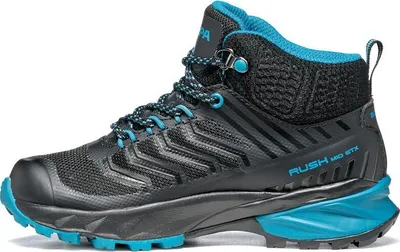 Schwarz-blaue Wanderschuhe für Kinder von Scarpa; Modell Rush Mid Kid GTX; mit griffiger Sohle und wasserdichtem Obermaterial.