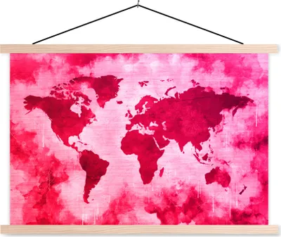 Produktbild von MuchoWow® Textilposter Weltkarte - Rot - Rosa 120x80 cm mit holzfarbenen Rahmen - Aufhängeset