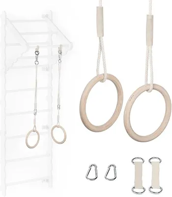 Imagen del producto de Anillos de gimnasia de madera, equipos de gimnasia para niños, tanto para interiores como para exteriores, columpio con anillos, anillos de gimnasia de madera