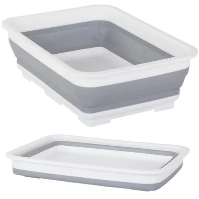 Two views of a collapsible silicone bowl, one expanded and one collapsed.