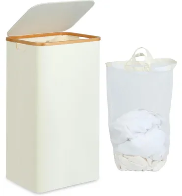 Productafbeelding van Wasmand met deksel, bamboe, handvat, binnenin tas, wasbox, beige, 100 liter