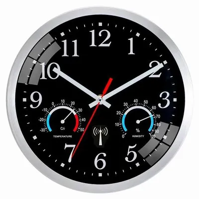 Immagine prodotto di Orologio da parete Unyqoos® Funkwanduhr – silenzioso, con ricezione radio (DCF), display di temperatura e umidità, colore nero, diametro 25 cm