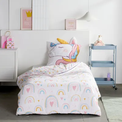 Produktbild von Kinderbettwäsche Set Einhorn 2-teilig 135x200 80x80 cm - Weiße Bettwäsche mit Einhorn aus 100% Baumwolle mit Reißverschluss - Renforcé, atmungsaktiv