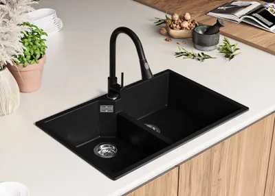 Produktbild von PRIMAGRAN Spülbecken Schwarz 78x50cm, Granitspüle 2 Becken + Ablauf-Set, Küchenspüle ab 80er Unterschrank - Madrid Twin
