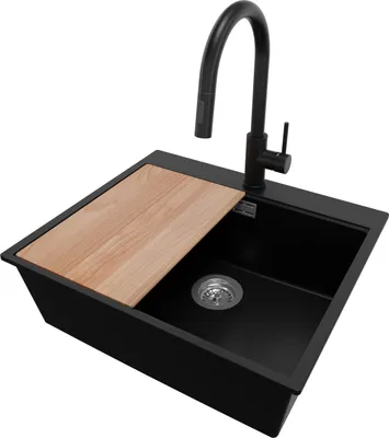 Produktbild von PRIMAGRAN Granitspüle Schwarz 58x50cm, Spülbecken 1 Becken + Küchenarmatur 40x20cm + Ablauf-Set + Schneidebrett, Küchenspüle ab 60er Unterschrank - Oslo