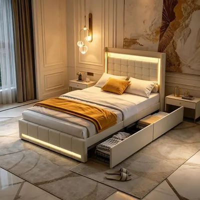 Obrázok produktu pre Postel pre mládež 90x200 cm s LED osvetlením, USB portami a zásuvkami, jednolôžková posteľ s úložným priestorom a roštom, čalúnená posteľ pre tínedžerov, posteľná bielizeň (béžová, 90x200)