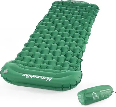 Produktbild von Unyqoos® Aufblasbare Ultraleichte Isomatte – Schlafmatte 198×59 cm, Höhe 6,5 cm, 40D Nylon mit TPU, integrierte Pumpe, 580 g, Grün – für Camping