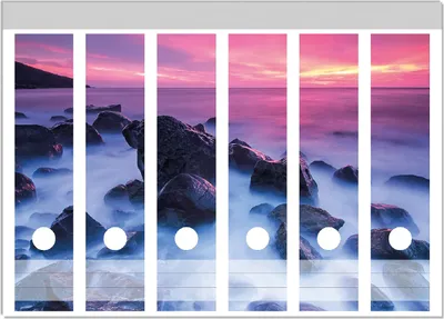 Produktbild von Wallario Ordnerrücken Sticker, selbstklebend für breite Ordner, 6 Stück, Motiv Felsen im Meer bei Sonnenuntergang