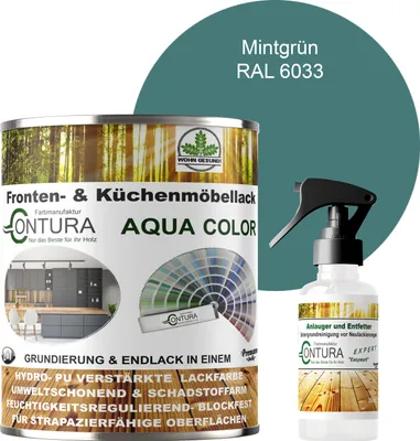Produktbild von 750ml. + Anlauger - Contura Küchenmöbellack RAL Möbellack SEIDENMATT SET Möbelfarbe Holzlack Buntlack Küchenlack - RAL 6033 Mintgrün