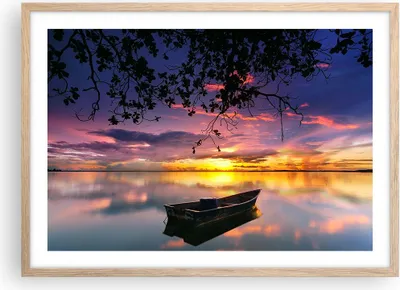 Produktbild von Gerahmtes Poster - Rahmen in heller Eiche - Boot Sonnenuntergang See Himmel - 70x50 cm - Wand Bild - Wanddeko - Wandbilder - Wandposter - Bilderrahmen - Bilder - Kunstdruck - P2NAA70x50-2967