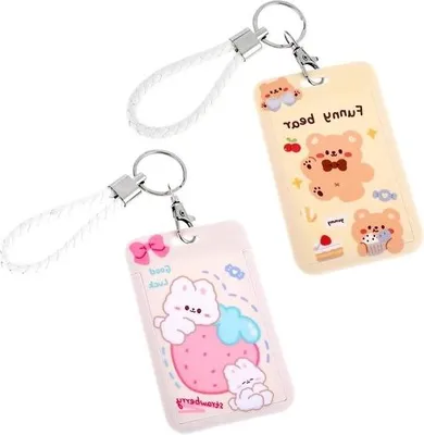 Immagine prodotto di 2 pezzi Portafoto Kpop - simpatico porta carte d'identità con orso e coniglietto dei cartoni animati - porta carte di credito bancarie di idoli Kpop - porta carte bus per studenti - portachiavi per foto.